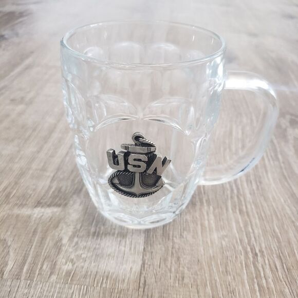 U.S.N. US Navy Pewter Logo on Clear Glass Beer Stein Mug Military Luminarc USA - Picture 1 of 6